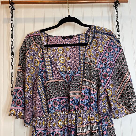 Trina Turk Sivas Dress Midi Dress Multicolor V-Neck Tiered Fit & Flare Size L - Picture 3 of 9